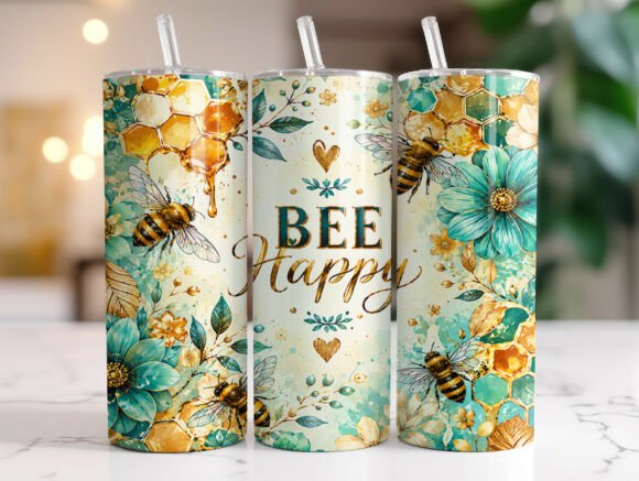 Bee Happy Floral 20oz Tumbler Wraps PNG Graphics