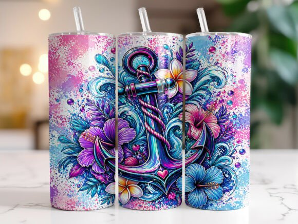 Colorful Nautical Floral Anchor Tumbler Graphics & Wraps