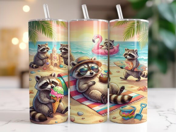 Cute Raccoon Summer Beach Tumbler Wrap: Playful Tumbler Wraps Graphics