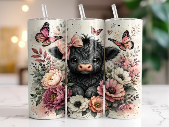 Floral Highland Cow Graphics for Tumbler Wraps