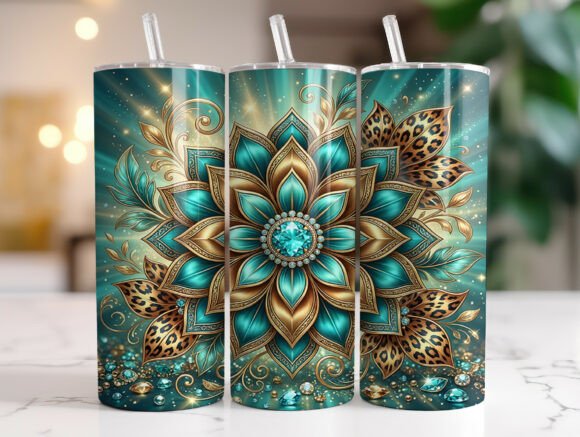 Luxury Teal Gold Floral Leopard Tumbler Graphics & Wraps