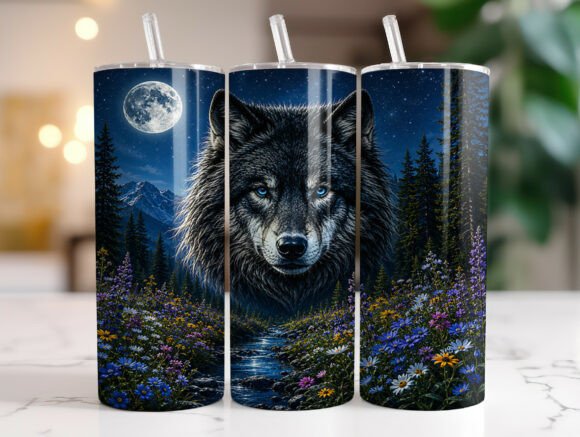 Moonlit Wolf Wildflower Tumbler Graphics for Editorial Design