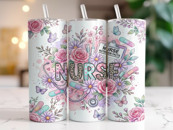 Pastel Floral Nurse Tumbler Wrap PNG