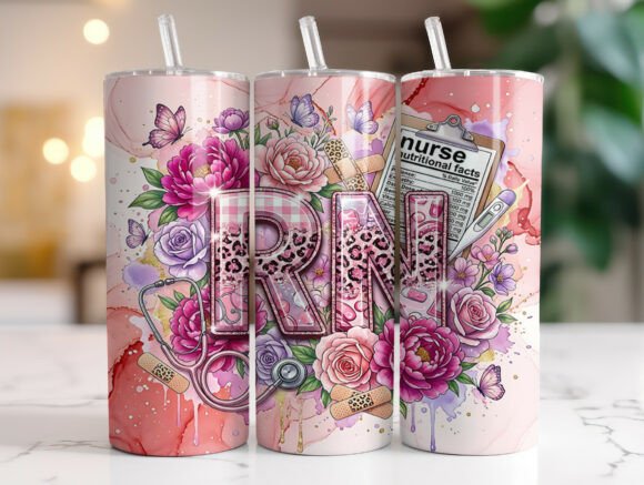 Pink Floral RN Nurse Graphics for Tumbler Wraps