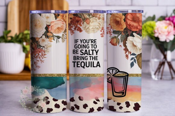 Salty Tequila Leopard Floral Tumbler Graphics and Tumbler Wraps