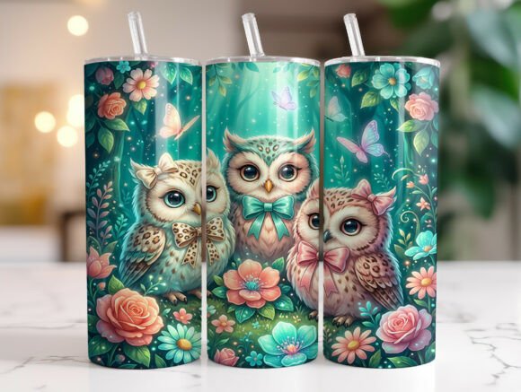 Teal Floral Owl Bow 20oz Tumbler Wrap: Graphics & Tumbler Wraps